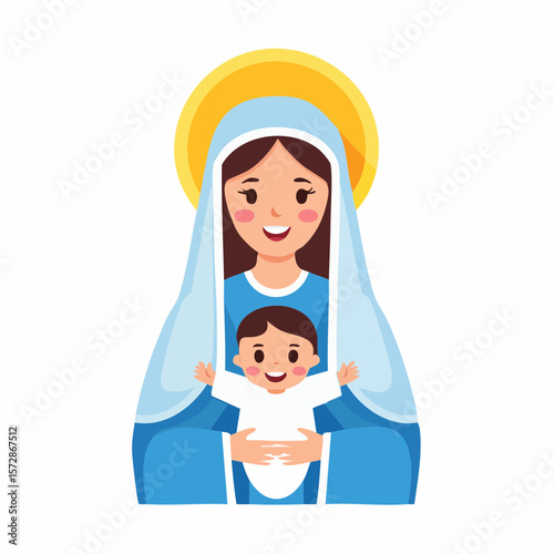 Divine Embrace: A heartwarming illustration depicts the Virgin Mary cradling Baby Jesus, surrounded by a soft, golden halo, conveying serenity and grace.