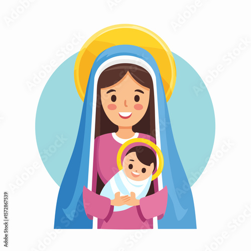 Sacred Embrace: A tender depiction of a mother figure cradling a baby, symbolizing love and faith with a halo around her head.
