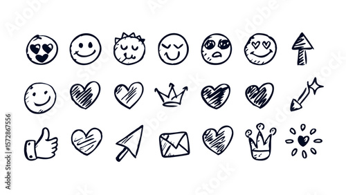 Smile doodle emoji faces in hand drawn vector doodle sketchy style. Happy, sad, crying emotional scribbles, comic elements for business design.