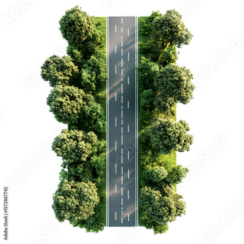 Aerial view of a scenic highway cutting through a lush green forest isolated on transparent background
