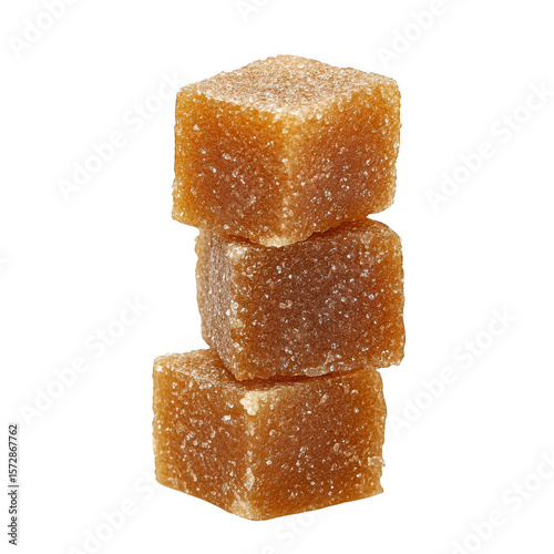Three cubes of brown sugar candy stacked vertically isolated on transparent background