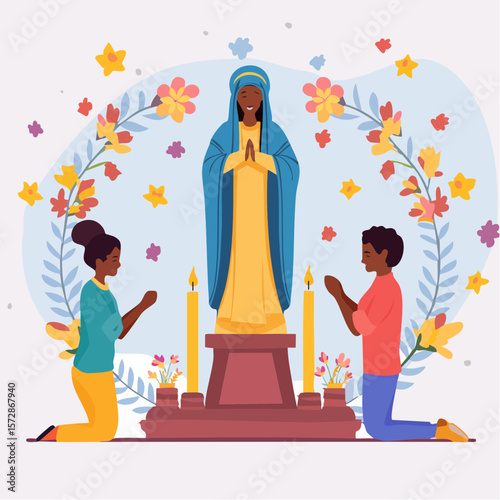 Devotion and reverence: In this reverent illustration, a tender scene unfolds. A statue of an African woman adorned with grace is central, and two figures kneel in prayer.