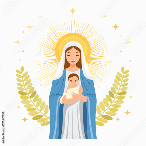 Blessed Mother and Child: An illustration that beautifully depicts the serene and loving bond between the Virgin Mary and Baby Jesus, capturing the essence of faith and spiritual grace.