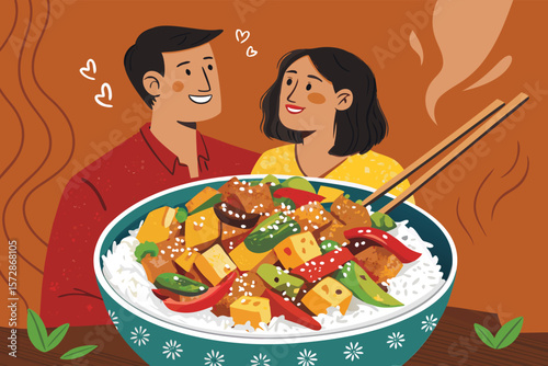 A charming vector illustration of a couple enjoying a spicy tofu stir-fry meal together.