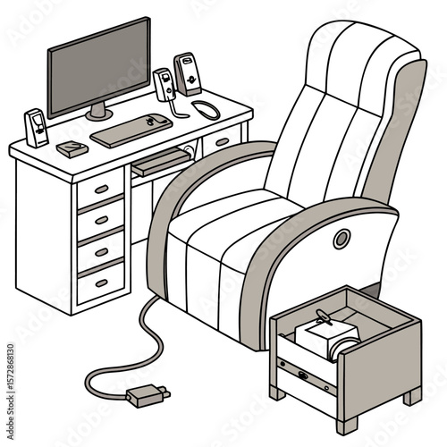 Illustration of a computer desk with monitor speakers and keyboard next to a massage chair with a side table