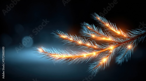 Pine branch decorated with glowing orange lights against a dark background, ideal for festive themes.
