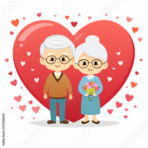Eternal Love: Animated elderly couple standing in front of a large red heart, surrounded by smaller hearts, symbolizing enduring affection.