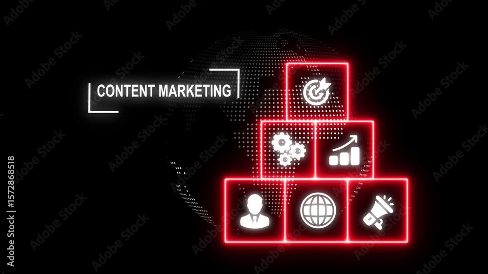 Digital Marketing content planning advertising strategy concept. online social digital marketing solutions, on dot globe rotation background with alpha channel, holographic advanced HUD. 