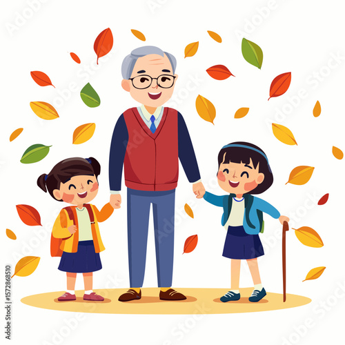 Autumn Stroll: An elderly man strolls through a colorful autumn setting, holding hands with two cheerful schoolgirls, celebrating the beauty of the season.