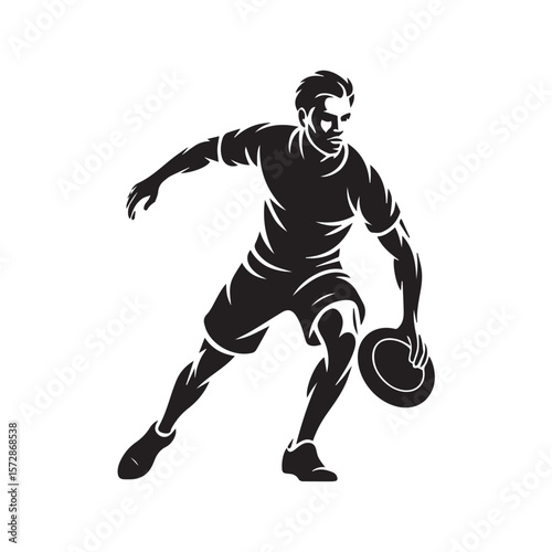 A stylized silhouette of a male ultimate frisbee player in midthrow, showcasing dynamic movement and athleticism