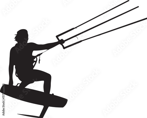 Silhouette of Kite Surfer in Action, Extreme Watersport and Ocean Adventure Vector Illustration