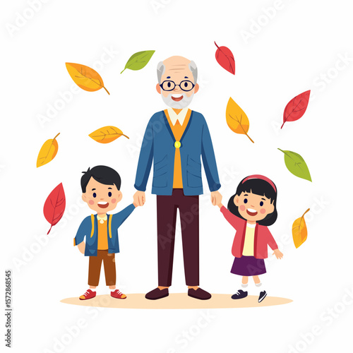 Cherished Autumn Days: A heartwarming scene of a grandparent and two grandchildren sharing a joyful moment amidst falling autumn leaves. Evokes warmth, togetherness.