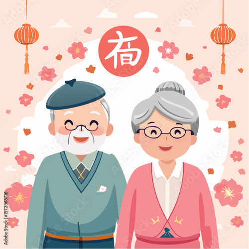 Golden Years in Bloom: An endearing depiction of a senior couple, beaming with happiness amidst a scene adorned with traditional lanterns and cherry blossoms.