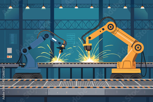 Vector illustration of robotic welding arms in a factory.