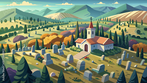 Very beautiful Aerial view of a rural cemetery in Asseria, Croatia with scattered tombstones and a small chapel, surrounded by a stone wall and trees, set in a vast landscape with fields and distant h