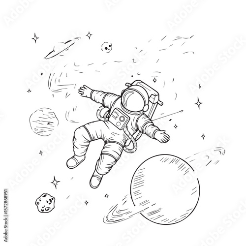 A weightless astronaut floats serenely amidst a cosmic ballet of planets and stars, a captivating sketch against a stark white backdrop