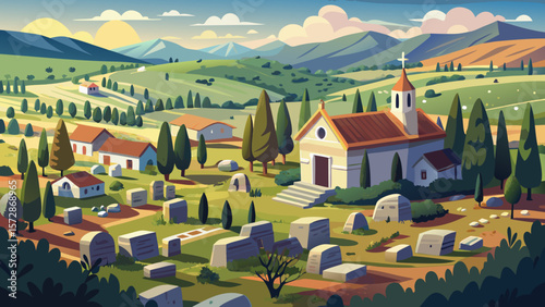 Very beautiful Aerial view of a rural cemetery in Asseria, Croatia with scattered tombstones and a small chapel, surrounded by a stone wall and trees, set in a vast landscape with fields and distant h