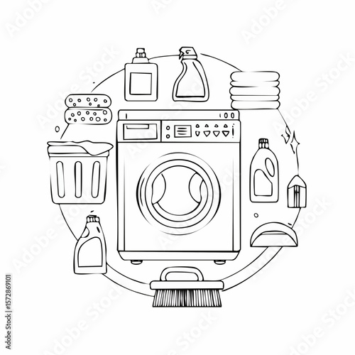 Set of outline doodle cleaning equipment. Washing machine, household chemicals, vacuum cleaner, towel, brush and gloves. Hand drawn laundry vector illustrations. Housework icon ...