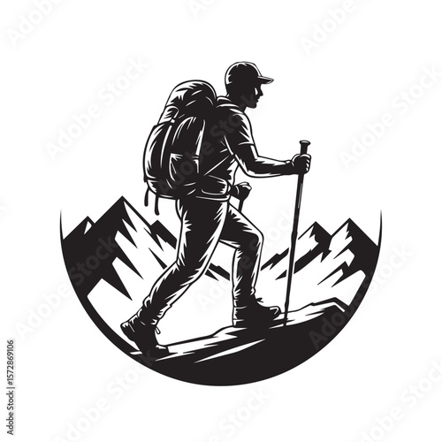A determined hiker ascends a majestic mountain range, his silhouette framed by the rugged peaks, a powerful symbol of adventure against a stark white backdrop