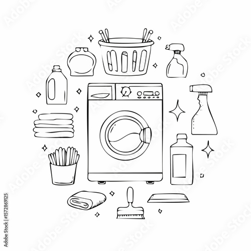Set of outline doodle cleaning equipment. Washing machine, household chemicals, vacuum cleaner, towel, brush and gloves. Hand drawn laundry vector illustrations. Housework icon ...