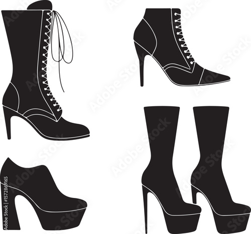 Silhouette of Women's High-Heel Boot Set, Fashion Footwear Collection Vector Illustration