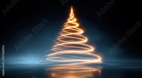 Close-up of a decorated Christmas tree with glowing light trails against a dark background at night.