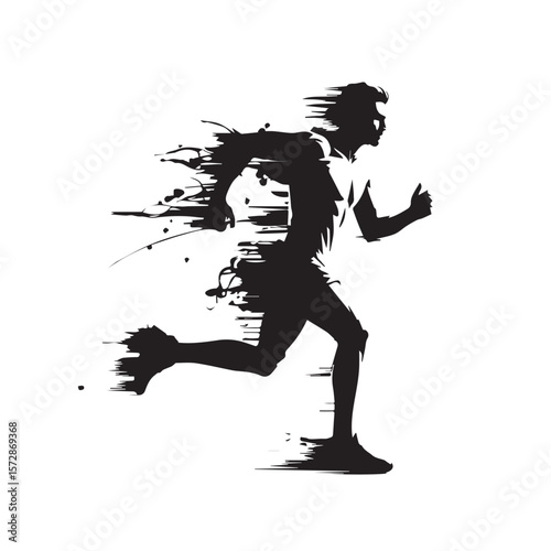A stylized silhouette of a runner in motion, captured in a dynamic pose, conveying speed and athleticism