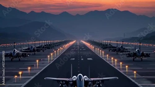 Military jets lined up on a runway at dusk