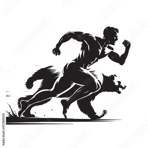 A powerful illustration depicts a man running swiftly atop a bear, symbolizing strength, speed, and the untamed power of nature