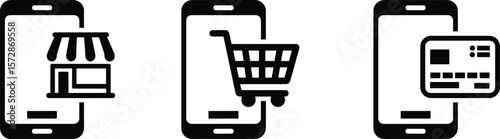 Ecommerce mobile icons set, smartphone with shop, cart, credit card, online shopping interface, digital payment system, black silhouette vector, secure mobile commerce design