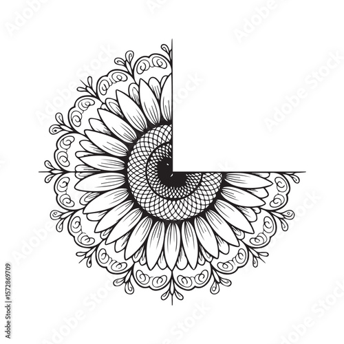 A quarter of a sunflower mandala, detailed in black and white, creates a visually striking and elegant design element
