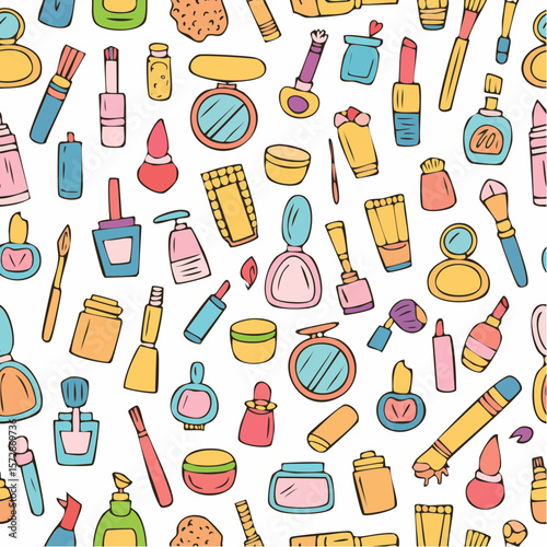 Doodle beauty make up seamless pattern. Background with hand drawn cosmetics. Brush, nail polish, foundation, perfume, eye shadow, mascara, mirror, cream, lipstick. Outline vector ...