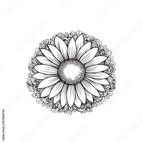A detailed black and white illustration showcases a sunflower encircled by an intricate floral mandala, creating a visually captivating design