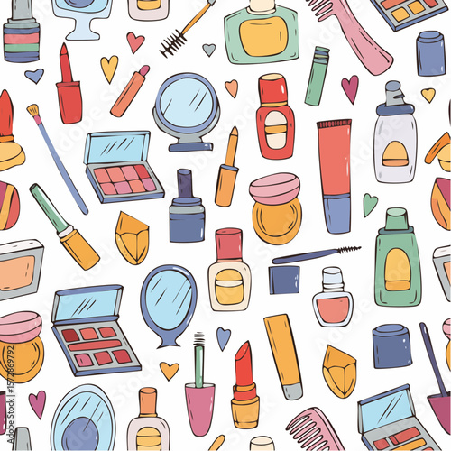 Doodle beauty make up seamless pattern. Background with hand drawn cosmetics. Brush, nail polish, foundation, perfume, eye shadow, mascara, mirror, cream, lipstick. Outline vector ...
