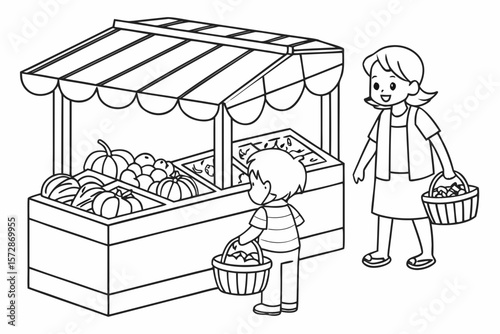 Line art of a child shopping with a basket at a traditional market stall full of fruits and vegetables, simple black and white for coloring page