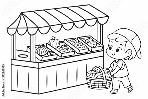 Line art of a child shopping with a basket at a traditional market stall full of fruits and vegetables, simple black and white for coloring page