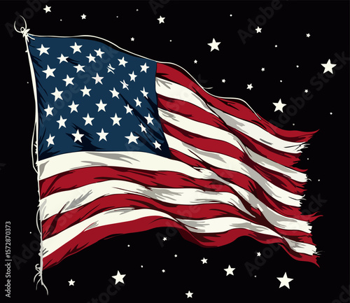 Vector design with decorative drawing of 
torn national flag of usa is fluttering in wind. 
Fashion t-shirt print. American pattern of stars 
and wavy stripes for textiles, fabric, clothing.