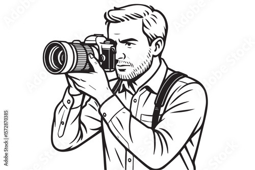 A black and white vector shows a photographer holding a camera, outlined in black, capturing moments, expressions, and life through a lens.

