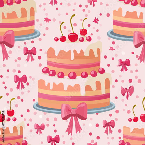 Seamless vector pattern with cute coquette cake. Pink dessert with cherry and bows on background. Texture for girl birthday, anniversary, wedding ...