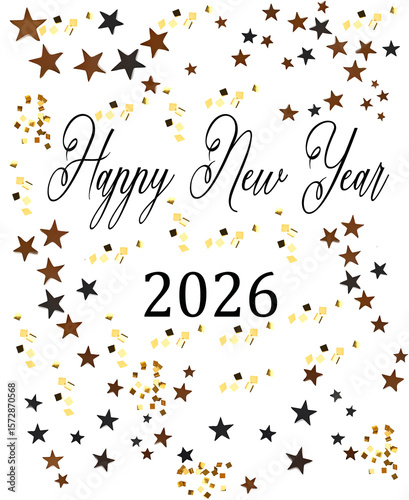A cheerful New Year 2026 design featuring gold confetti on a clean white background.