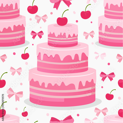 Seamless vector pattern with cute coquette cake. Pink dessert with cherry and bows on background. Texture for girl birthday, anniversary, wedding ...