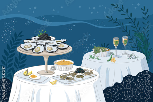 Elegant vector illustration of seafood fine dining, featuring gourmet oysters and caviar.