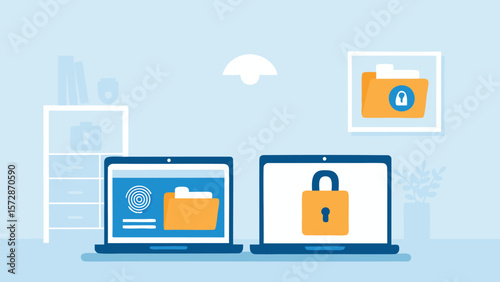 Two laptops displaying folders and a padlock with a shelf and framed artwork in a light blue room scene