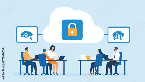 Illustration of people working at desks with cloud computing and security concepts above them all together