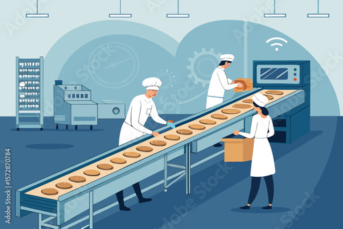 Vector illustration of a baker working at a conveyor belt in a bakery.