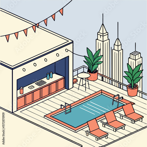 Urban Rooftop Pool Party Vector – Isometric City Scene with Lounge Chairs, Swimming Pool, Bar Area, and Festive Bunting in Modern Retro Colors for Leisure, Summer Events, and City Lifestyle

