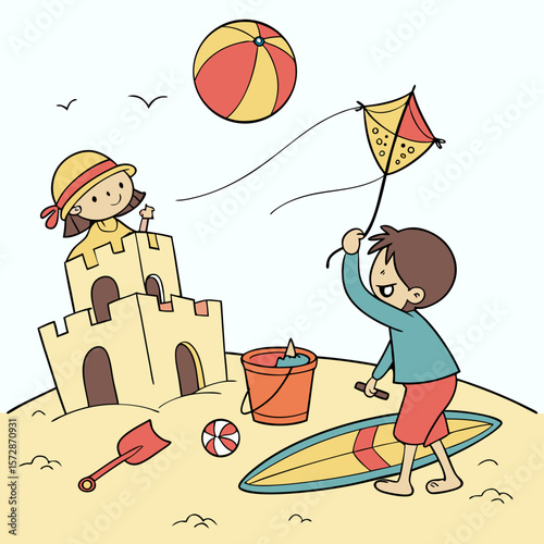 Kids at the Beach Vector – Cheerful Summer Scene with Sandcastle, Kite Flying, Beach Ball, Surfboard, and Toys in Bright Colors for Childhood Fun, Outdoor Play, and Family Vacation Themes

