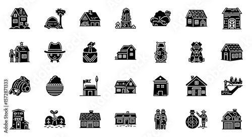 Set of Vector Icons Collection of Black and White Rural Buildings and Farm Icons. Vector Illustrations. EPS Editable
