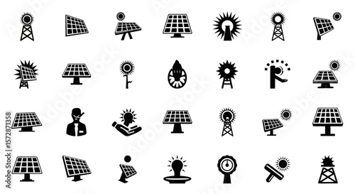 Set of Vector Icons Collection of Black and White Solar Panel and Windmill Icons. Vector Illustrations. EPS Editable