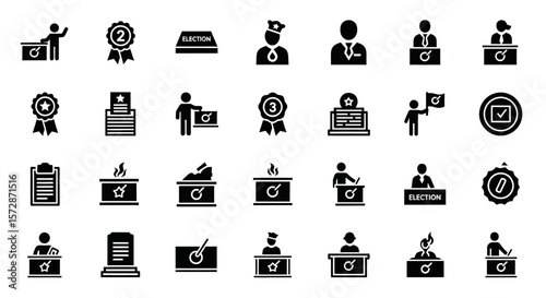 Set of Vector Icons Collection of Black Glyph Election Icons Voting Ballot Box Awards and Officials. Vector Illustrations. EPS Editable